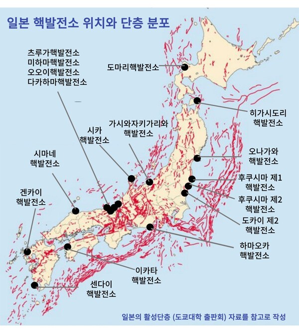 [그림2] 일본 핵발전소 위치와 단층 분포 (도쿄대학 출판회 ‘일본의 활성단층’ 자료를 참고로 탈핵신문이 작성)